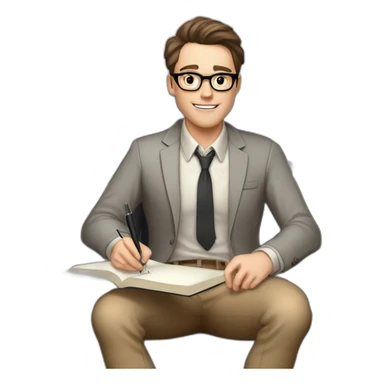 Pale skinned Fit Man With dark brown hair in gray jacket, beige office shirt, Brown pants and vintage glasses sitting In a soft chair with a notebook on spring with emblem Ψ and a pen sticker