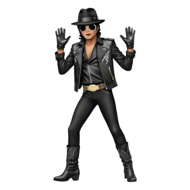 Icon for R&B Music: Michael Jackson on stage in full body, wearing his iconic concert costume—black leather jacket, sequined glove, fedora, and boots. He strikes a powerful pose, embodying the energy of R&B music. Transparent background. sticker