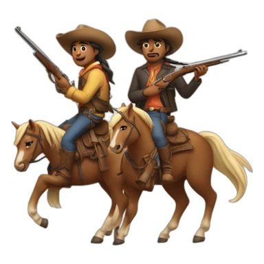 Pascalito and Thushy riding the same horse with texas hats both armed with a rifle sticker