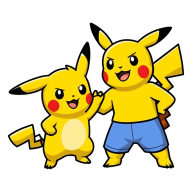 Hot handsomeb muscular 6ft tall smiling happy fun shirtless Ash Ketchum giving Pikachu a high five sticker