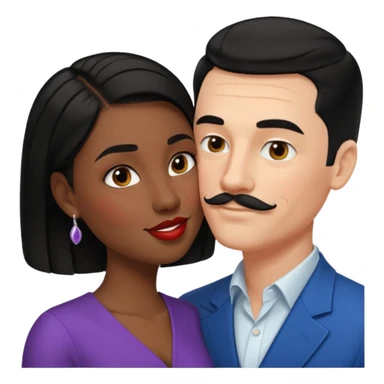 white man, black hair, slicked back, mustache kissing black woman with short black hair emoji sticker