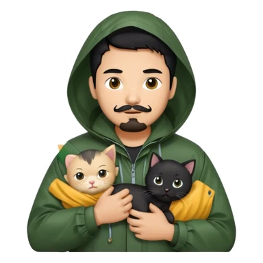 A Thai man with black hair, tanned skin, a small mustache and beard, wearing a dark green raincoat, and carrying a black kitten sticker