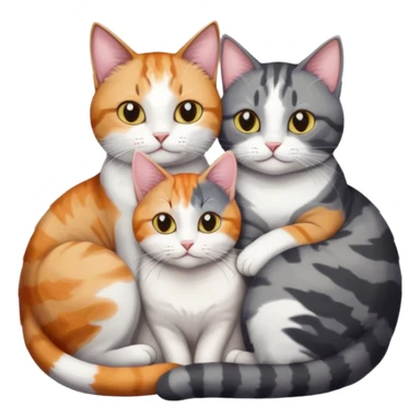 two cats in love, a colourful light patched calico + white tabby cat cuddling a bigger cat that is dark grey and white tabby cat sticker