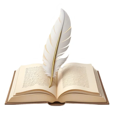 Create a delicate and elegant emoji representing poetry. The design should feature several gracefully flying pages with short poetic lines written on them. A white feather quill should be gently resting on one of the pages or floating nearby, symbolizing creativity and inspiration. The pages should look soft and flowing, evoking the fluid nature of poetry. Use a subtle color palette with white, light pastels, and a touch of gold for accents. Make the background transparent. sticker
