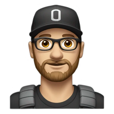 White man with brown hair and a brown beard, has thick eyebrows is wearing black sight glasses. Big nose. Half closed brown eyes. Wearing a Nike cap sticker
