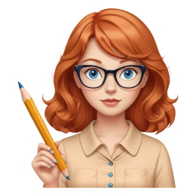 redheaded woman with long wavy hair and bangs, blue eyes, cat-eye glasses, pencil skirt, apricot blouse, holding a pencil sticker
