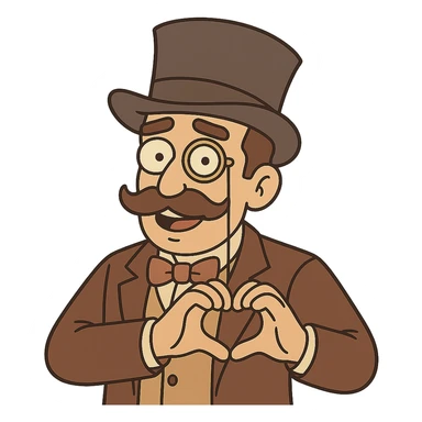 Make the man with mustache, top hat, and monocle show a heart, in flat toon style, with no background. sticker
