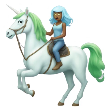 [politically incorrect
	{ woman: alien, color: light green, hair:red, eyes:cat} ]
	on a 
	[{ unicorn: white, legged:four, mane: light blue }] sticker