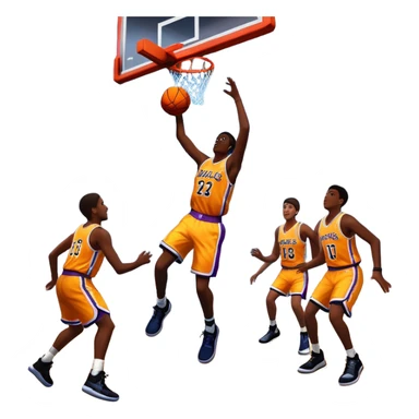 An icon featuring a basketball court with players in action, inspired by NBA 2K25. A player jumps for a dunk, with the ball mid-air. Bright lights illuminate the court, symbolizing the excitement of sports simulation games. Transparent background emphasizes the energy. sticker