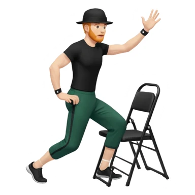 גבר זקן ג'ינג'י מלא כובע שחור הפוך חולמה שחורה ומכנסיים ירוקות ארוכות מבצע תרגיל לאנג' בתמיכת כיסא מהצד שתי רגליים על הרצפה מח^זיק כיסא בידו  תמיכה קלה ידו על משענת הכיסא sticker