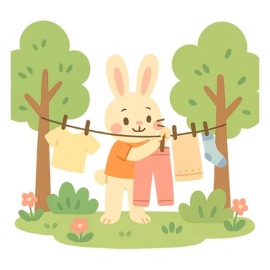 bunny hanging laundry between trees, calming domestic forest feel, soft pastel colors sticker
