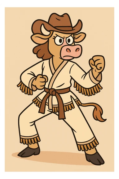 karate cowgirl, ready stance, lasso at her side, gi with fringe, determined look sticker