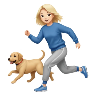 A beautiful girl with fair skin wearing a sweatshirt and sweatpants happily chasing a Labrador sticker