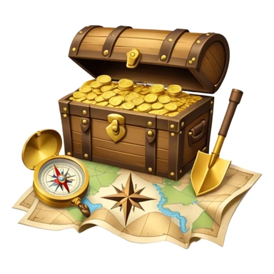 An icon featuring a treasure chest overflowing with gold, a treasure map with a compass rose, a backpack, and a shovel. The map guides the way, symbolizing the adventure of treasure hunting. Set against a transparent background, the design evokes excitement and exploration. sticker