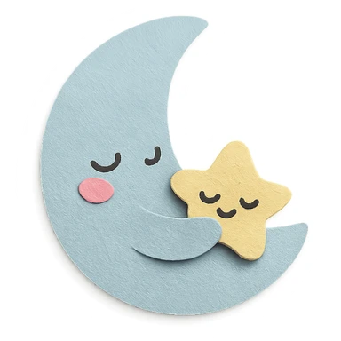 adorable pastel sleepy blue moon snuggling a tiny plush star, no arms or legs, full body sticker
