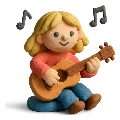 claymation style of a blonde girl playing guitar with music notes floating sticker