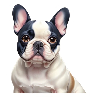 Cinematic Noble Pied French Bulldog Portrait Emoji, Radiating regal yet playful charm, with a distinctive pied fur of contrasting hues and a sculpted, expressive face featuring gentle, wise eyes and a confident stance, simplified yet artistically detailed, glowing with a soft, sophisticated radiance, high shine, exuding intelligent nobility and refined flair, soft glowing outline, capturing the essence of a noble Pied French Bulldog that embodies both strength and grace! sticker