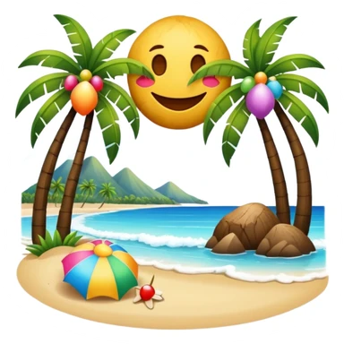 summer frame with beach, coconut trees, and bright decorations, emoji style sticker