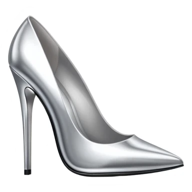 A pair of high heel shoes emoji made of polished silver chrome, elegant sharp silhouette, smooth metallic surface, glossy reflections, luxury sexy vibe, minimalistic iOS emoji style, centered, clean white background sticker