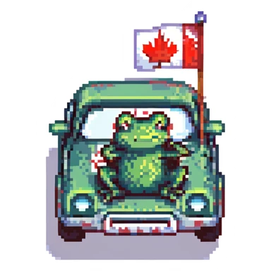 a frog riding a car with a Canadian flag on the windshield, pixel art style sticker