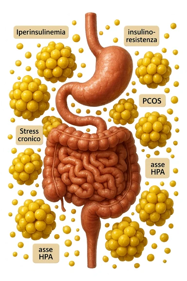 STOMACO E INTESTINO SONO VERTICALMENTE COLLEGATI E INTORNO A QUESTI ORGANI CI SONO CELLULE DI GRASSO GIALLE ATTACCATE SOPRA A GRAPPOLI, intorno fluttuano cellule di grasso giallo e alcune targhette con queste parole "Iperinsulinemia", "insulino-resistenza", "PCOS", "Stress cronico", "asse HPA", FALLO REALISTICO, NON DISEGNATO, IPERREALISTICO 4K sticker