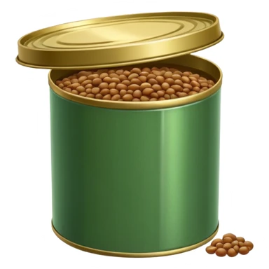 open tin can with glossy brown-green cooked lentils inside, moist, slightly shiny texture, soft rounded shapes, smooth surface, a few lentils spilling near the edge, no spoon, no label, no garnish, soft lighting, subtle shadows, transparent background, emoji scale sticker