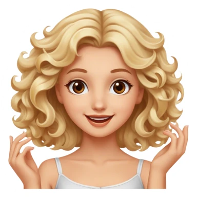 Pretty blonde model, brown eyes, soft curls, happy dance sticker