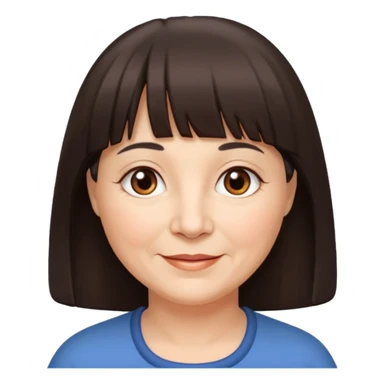 60 yr old woman, very small brown eyes, long straight dark brown hair, bangs, chubby, long face sticker