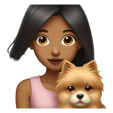 A girl with long black hair, light brown eyes, big lips, holding a light pomeranian in her hands sticker