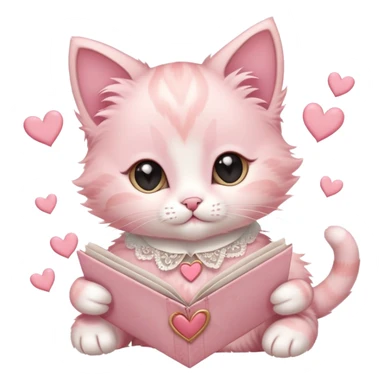 A pastel pink kitten with heart-shaped markings, a lace ribbon collar, holding a vintage love letter, surrounded by floating hearts. sticker