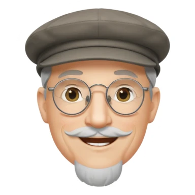 Older cute white male, grey Irish flat cap, wire rim glasses, goatee sticker