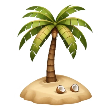 A 3D cartoon coconut palm tree with coconuts near the top and a sandy base, tropical light setting, Memoji-style realism. sticker
