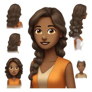 a charming tanned woman wavy chocolate hair, caramel eyes, beige shirt, orange vest sticker