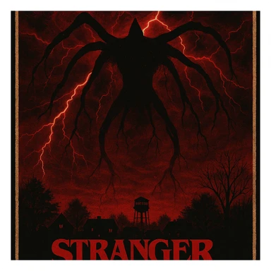Stranger Things series horror poster style, the Mind Flayer looming over Hawkins with red lightning, dark and eerie atmosphere sticker
