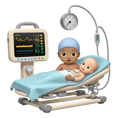 NICU tiny microprem baby in isolette with monitoring attached. sticker