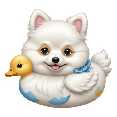 White Pomeranian carrying a stuffed white toy duck sticker