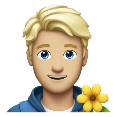 Blonde guy with blue eyes holding flower sticker