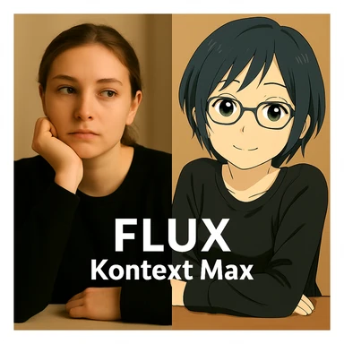 same similar image but chnage the text to "Flux Kontext Max", change people and pose too sticker