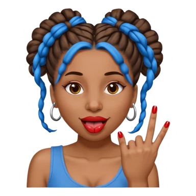 brown girl with blue locs in a bun with tongue out and red nails showing secomdnd finger sticker