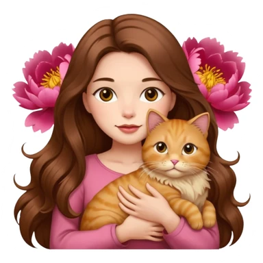 pretty woman a long hair brown color holding a fat cat fluffy golden in a peony sticker