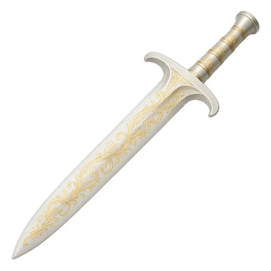 Recolor this weapon to a very light metallic silver color with subtle, elegant gold engravings, matching the gold tone and style of the provided silver shield reference. The gold should be soft and not too yellow or green. Transparent background. sticker