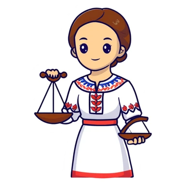 Ukrainian girl with brown hair wearing traditional embroidered shirt (vyshyvanka) holding scales of justice in her hand sticker