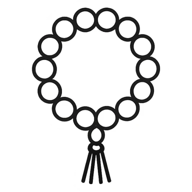 Ultra minimal prayer beads with just a few simple round beads and a tiny tassel, no extra details, plain background, hand drawn icon style with no fill. sticker