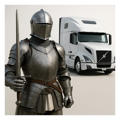 a knight in armor, with a white 2022 Volvo semi sleeper truck in the background, modern, heroic, clean background sticker