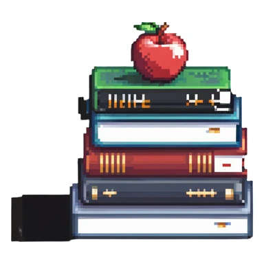 stack of school books with an apple sticker