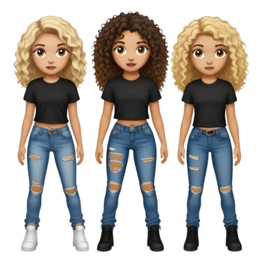 Mixed girl with ripped jeans , a black shirt , curly hair it all dark brown , has 2 blonde spots one on the back and one on the front  sticker