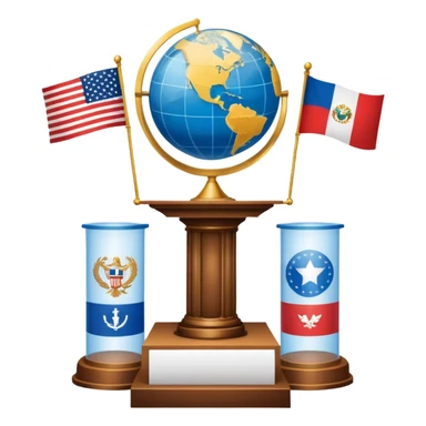 An icon featuring a podium with a speaker, national flags, and voting ballots, symbolizing political science. The design includes a globe and scales of justice in the background, representing governance, global affairs, and political theory. Transparent background emphasizes civic engagement sticker