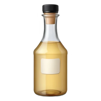 simple bottle of vinegar, upright, glass or plastic, clear or pale liquid, narrow neck, metallic or black cap, blank label optional, soft shimmer, 3D-rendered, minimal, no faces, transparent background sticker