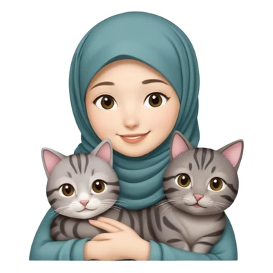 Asian White girl wearing hijab holding a black grey tabby cat while smiling.  sticker