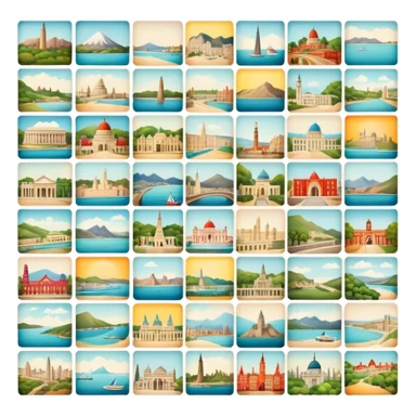 Icon for Postcard Collecting: a collection of colorful vintage postcards, featuring scenic views, landmarks, and greetings, arranged neatly in an album or on a display board. The icon should convey the charm and nostalgia of postcard collecting. Transparent background. sticker